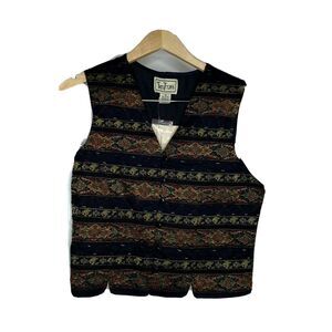 TanTrums Vest Womens Medium Black Gold V Neck Button Up Vest Striped New